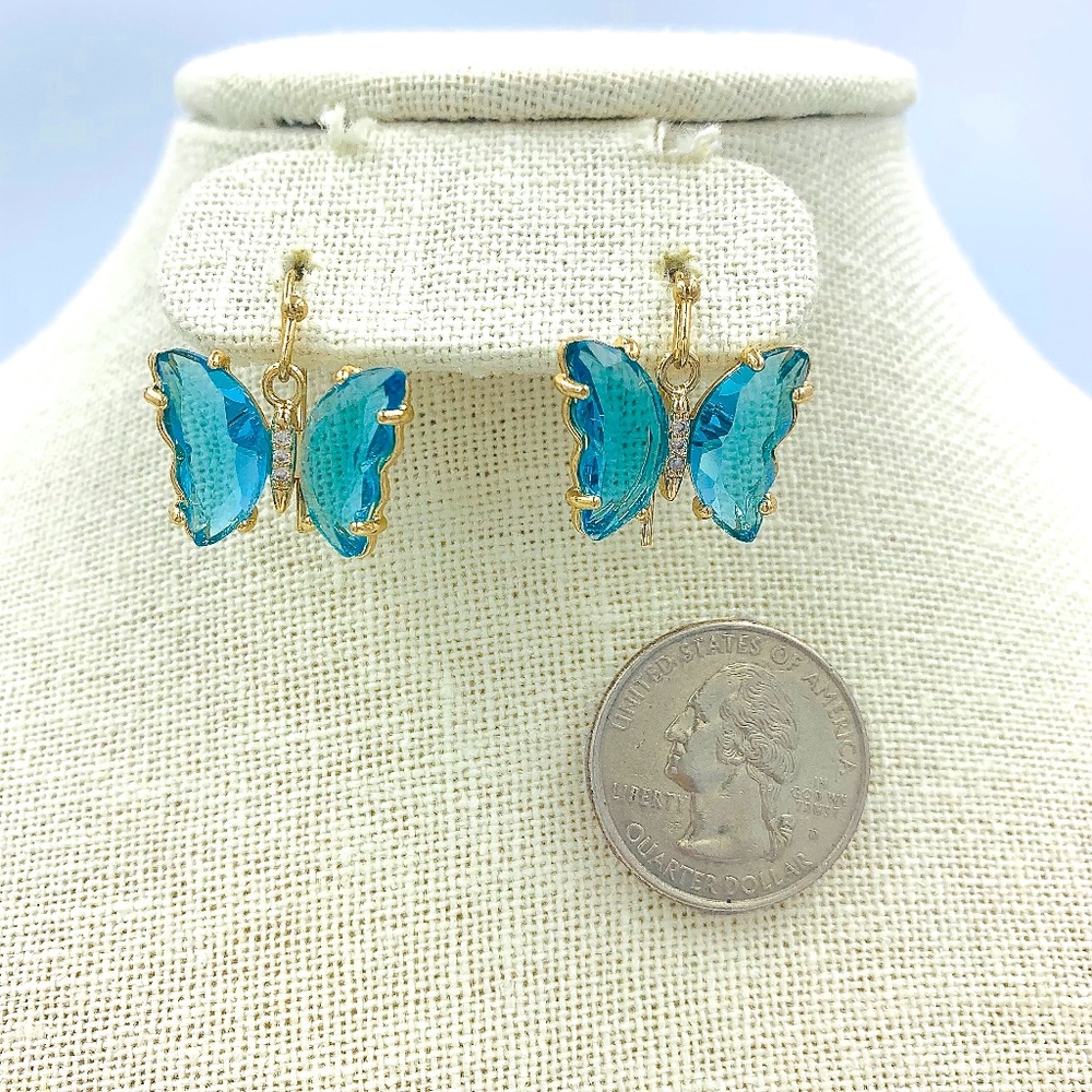 Butterfly Glass Dangle Earrings - Turquoise Colored